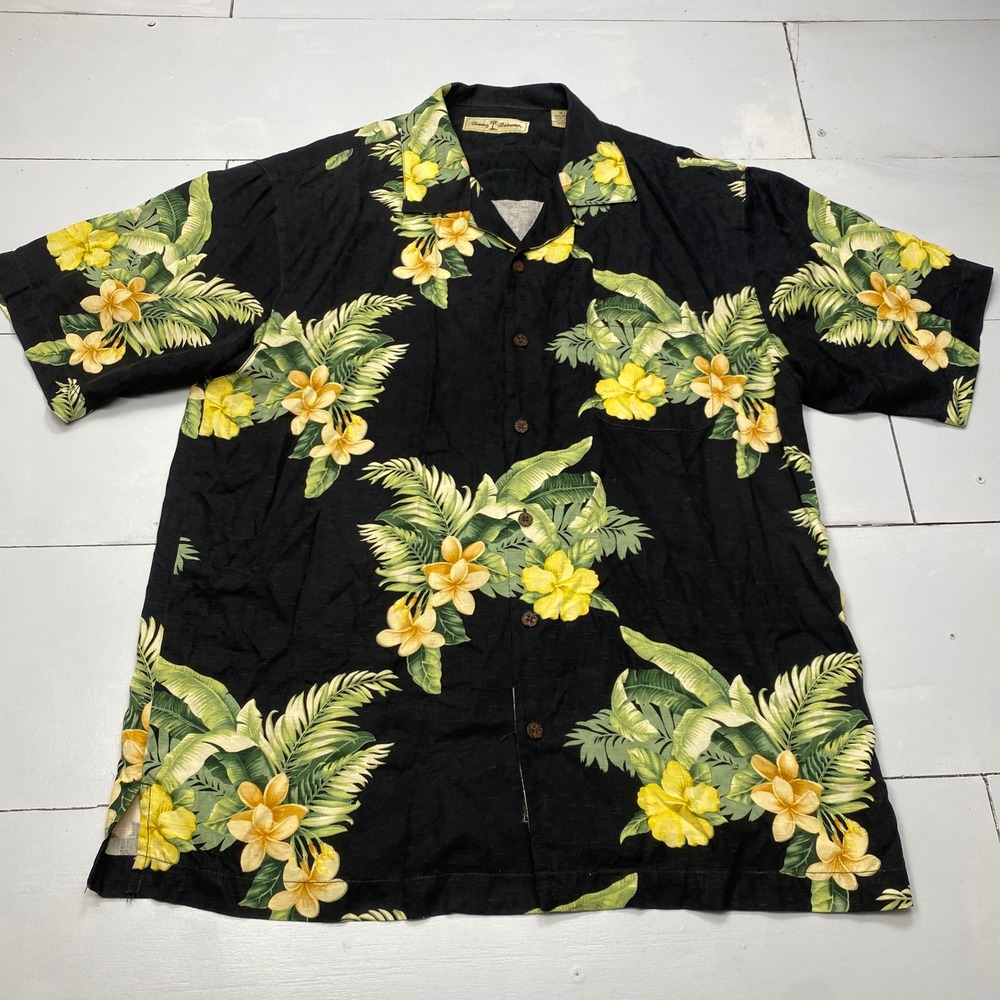 Tommy Bahama Silk Floral Camp Shirt Mens M Black Yellow Hibiscus Tropical Aloha